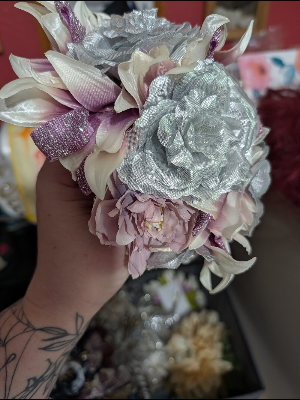 Pink & Silver Floral Hair Clips - Sparkling Petal Accents - Picture 9 of 12